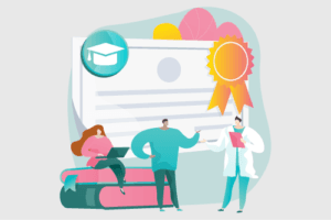 Animated illustration of a certificate with a ribbon, a student sitting on books with a laptop, a person standing and gesturing, and an instructor holding a document, symbolizing education and achievement.