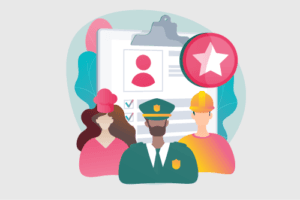 Illustration of three professionals, including a chef, a police officer, and a construction worker, standing in front of a large clipboard.