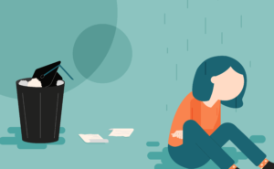Illustration of a sad person sitting on the ground with their knees drawn up, under a rain shower.