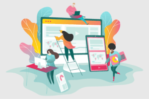 Illustration of multiple people working on various digital devices.