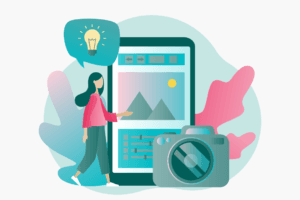 Illustration of a person standing in front of a large smartphone screen displaying photo editing tools and images.