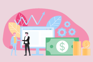 Illustration of two business people shaking hands in front of a computer screen displaying data.