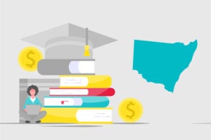 Animated illustration of a book stack with a graduation cap, a student with a laptop, and an outline of New South Wales, Australia, with dollar signs indicating educational costs.