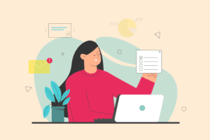 Illustration of a woman sitting at a desk with a laptop, holding up a checklist.
