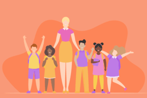 Illustration of a teacher standing with a group of diverse, cheerful children, all wearing colourful clothing and backpacks, symbolising education and inclusivity.