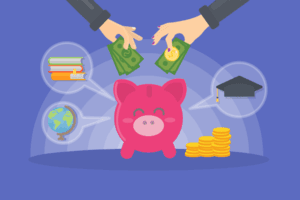Illustration of a pink piggy bank surrounded by various icons representing education and savings.