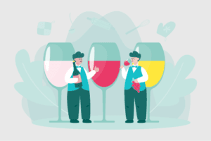Illustration of two sommeliers standing in front of three large wine glasses filled with different types of wine.