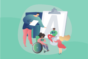 Illustration of a diverse group of people engaging in a collaborative activity in front of a large clipboard.