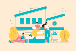 Illustration of four people using laptops and tablets while sitting and standing around large books in front of a stylised building.