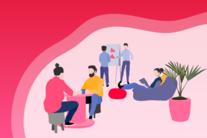 Illustration of a collaborative workspace with people engaging in various activities.
