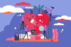 Animated illustration of people working together to care for a large heart symbol, involving activities like watering plants, sewing, and holding a globe, symbolising teamwork and compassion in nonprofit work.
