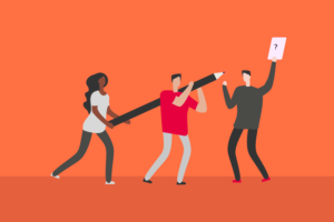 Animated illustration of three people collaborating, with one holding a large pencil and another holding a paper with a question mark, symbolising teamwork and problem-solving.