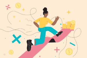 Illustration of a woman running up an upward-pointing arrow towards stacks of coins.