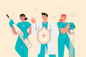 Illustration of three healthcare professionals standing together.