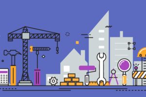 Animated illustration of a construction scene with tools, a crane, and buildings, symbolising pre-apprenticeship training in the construction industry.